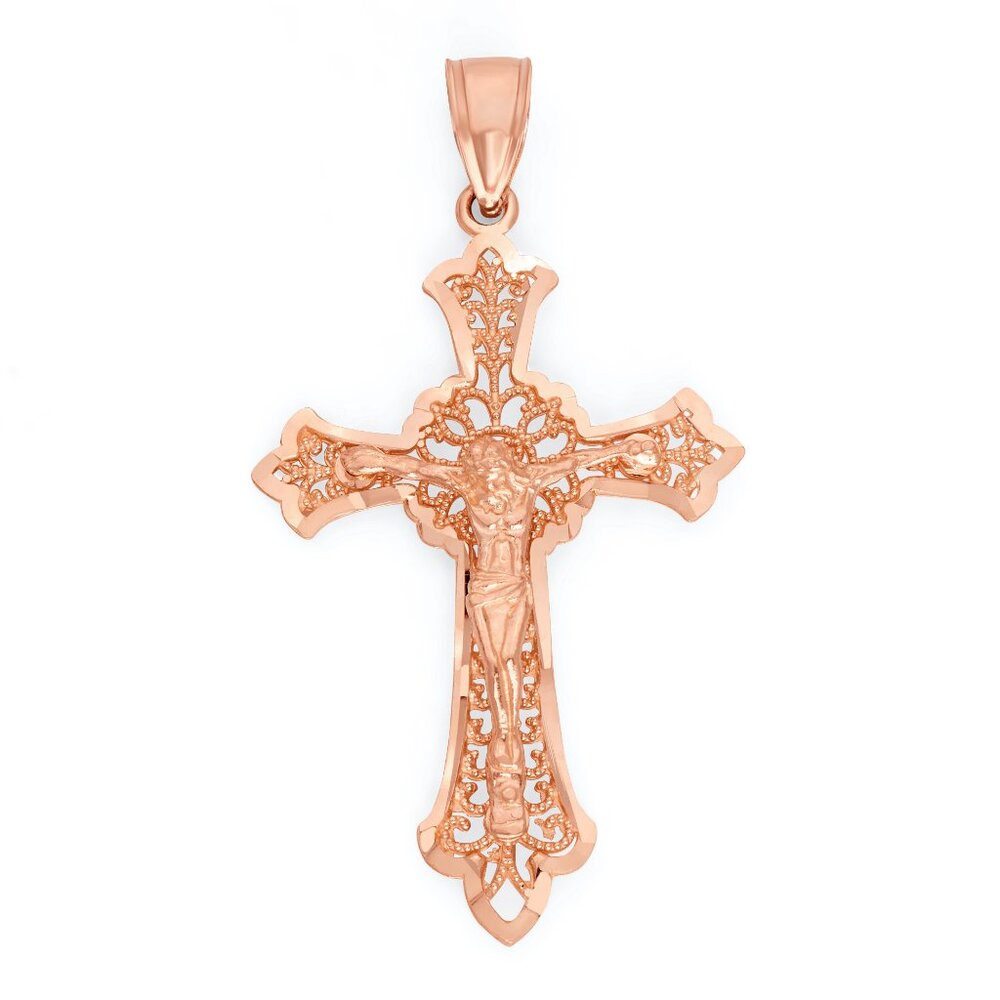 Solid 10k Rose Gold Crucifix Pendant - Religious Jewelry Gifts for Men and Women